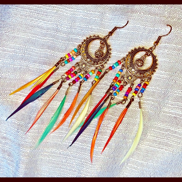 Rainbow Hippie Boho Dream Catcher Feather Earrings - Picture 3 of 5